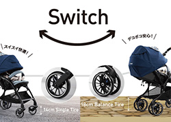 スゴカルSwitch plus エッグショック earth XLは、前後の車輪がダブルとシングル、直径が18cmと14cmとなっています。